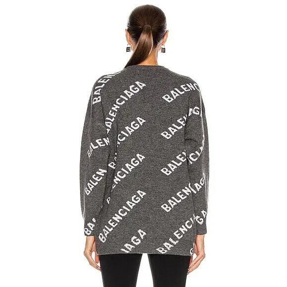 Balenciaga Dark Gray Long Sleeve White Logo'd Crew Neck Sweater L - Picture 4 of 15